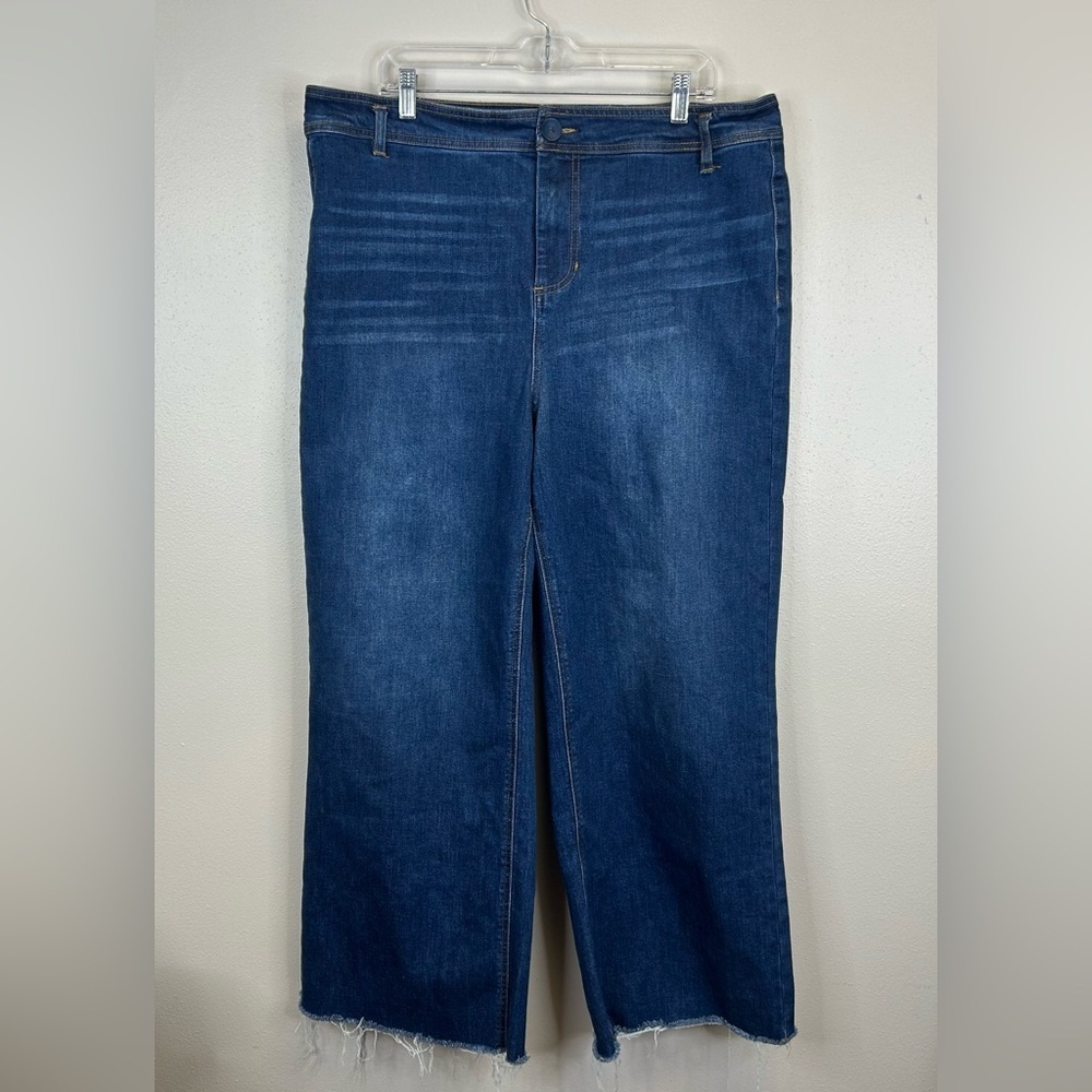 Oat New York High‎ Rise Wide Leg Jeans Raw Hem Womens 16W Stretch Blue Denim